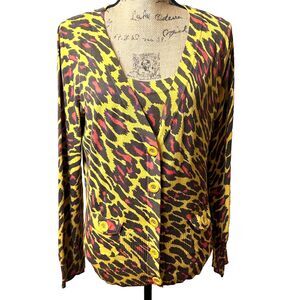 Ambiente Women Yellow/Brown Animal Print Cardigan Tank 2 Piece Knit Set Sz 10